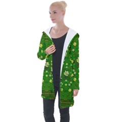 Lotus Bloom In Gold And A Green Peaceful Surrounding Environment Longline Hooded Cardigan by pepitasart