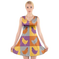 Chickens Pixel Pattern - Version 1a V-neck Sleeveless Dress by wagnerps