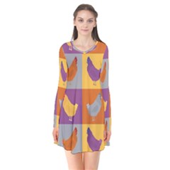 Chickens Pixel Pattern - Version 1a Long Sleeve V-neck Flare Dress by wagnerps