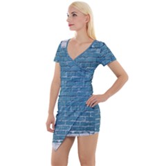 White And Blue Brick Wall Short Sleeve Asymmetric Mini Dress by artworkshop