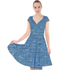 White And Blue Brick Wall Cap Sleeve Front Wrap Midi Dress by artworkshop