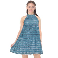 White And Blue Brick Wall Halter Neckline Chiffon Dress  by artworkshop