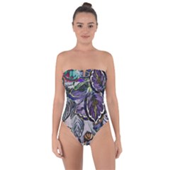 Dark Leaves Tie Back One Piece Swimsuit by DinkovaArt