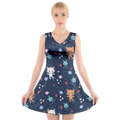 Cute-astronaut-cat-with-star-galaxy-elements-seamless-pattern V-neck Sleeveless Dress by Vaneshart