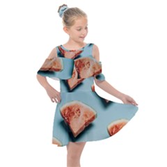 Watermelon Against Blue Surface Pattern Kids  Shoulder Cutout Chiffon Dress by artworkshop