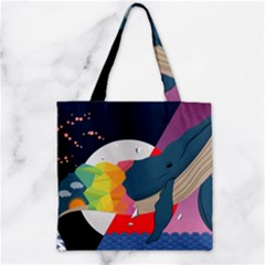 Whale Moon Ocean Digital Art Zipper Grocery Tote Bag by Jancukart