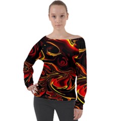 Modern Art Design Fantasy Surreal Orange Off Shoulder Long Sleeve Velour Top by Ravend