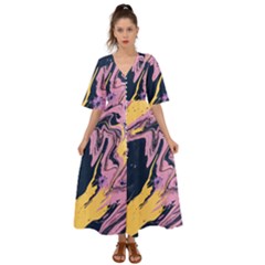 Pink Black And Yellow Abstract Painting Kimono Sleeve Boho Dress by Jancukart