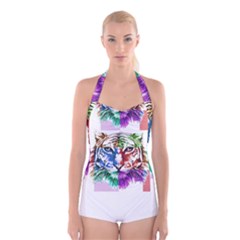 Tiger Face T- Shirttiger T- Shirt (2) Boyleg Halter Swimsuit  by maxcute