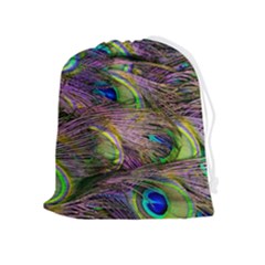 Green Purple And Blue Peacock Feather Drawstring Pouch (xl) by Jancukart