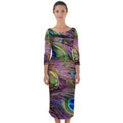 Green Purple And Blue Peacock Feather Quarter Sleeve Midi Bodycon Dress by Jancukart