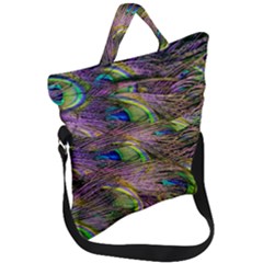 Green Purple And Blue Peacock Feather Fold Over Handle Tote Bag by Jancukart