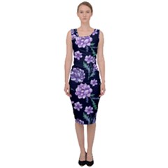Elegant Purple Pink Peonies In Dark Blue Background Sleeveless Pencil Dress by augustinet