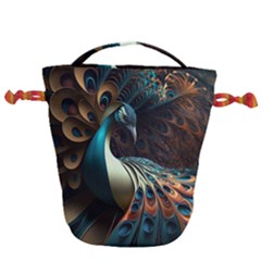 Peacock Bird Feathers Colorful Texture Abstract Drawstring Bucket Bag by Pakemis