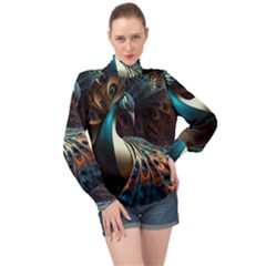 Peacock Bird Feathers Colorful Texture Abstract High Neck Long Sleeve Chiffon Top by Pakemis