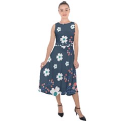 Floral Digital Background Midi Tie-back Chiffon Dress by Ravend