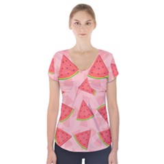 Background Watermelon Pattern Fruit Food Sweet Short Sleeve Front Detail Top by Jancukart