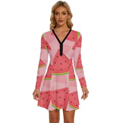 Background Watermelon Pattern Fruit Food Sweet Long Sleeve Deep V Mini Dress  by Jancukart