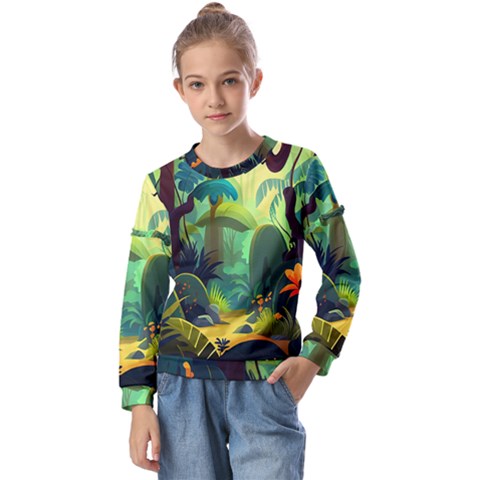 Jungle Rainforest Tropical Forest Jungle Scene Kids  Long Sleeve Tee With Frill  by Jancukart