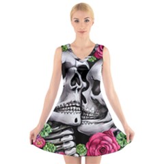 Black Skulls Red Roses V-neck Sleeveless Dress by GardenOfOphir