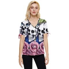 Skulls And Flowers Bow Sleeve Button Up Top by GardenOfOphir