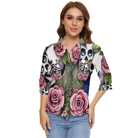 Skulls And Flowers Women s Quarter Sleeve Pocket Shirt by GardenOfOphir