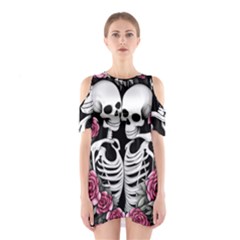 Black And White Rose Sugar Skull Shoulder Cutout One Piece Dress by GardenOfOphir