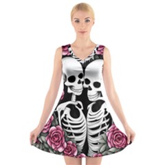 Black And White Rose Sugar Skull V-neck Sleeveless Dress by GardenOfOphir