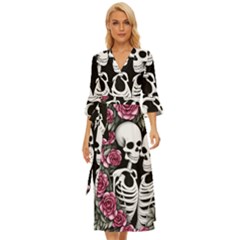 Black And White Rose Sugar Skull Midsummer Wrap Dress by GardenOfOphir