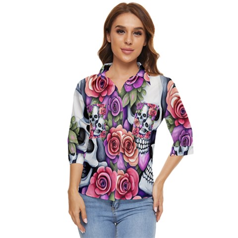 Floral Skeletons Women s Quarter Sleeve Pocket Shirt by GardenOfOphir