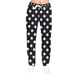 Black And White Polka Dots Women Velvet Drawstring Pants by GardenOfOphir