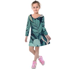 Green Nature Bohemian Painting Leaves Foliage Kids  Long Sleeve Velvet Dress by Ravend