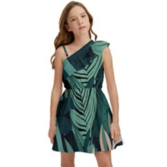 Green Nature Bohemian Painting Leaves Foliage Kids  One Shoulder Party Dress by Ravend