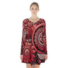 Bohemian Vibes In Vibrant Red Long Sleeve Velvet V-neck Dress by HWDesign