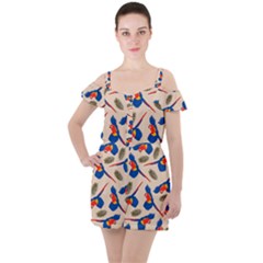 Bird Animals Parrot Pattern Ruffle Cut Out Chiffon Playsuit by Ravend