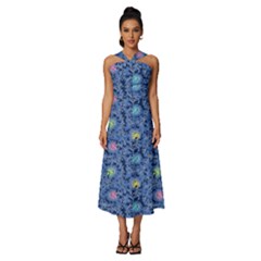 Floral Asia Seamless Pattern Blue Sleeveless Cross Front Cocktail Midi Chiffon Dress by Pakemis