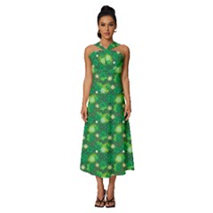 Leaf Clover Star Glitter Seamless Sleeveless Cross Front Cocktail Midi Chiffon Dress