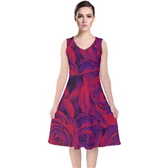 Roses Red Purple Flowers Pretty V-neck Midi Sleeveless Dress  by Ravend