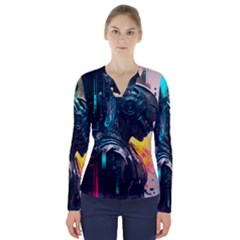 Who Sample Robot Prettyblood V-neck Long Sleeve Top by Ravend