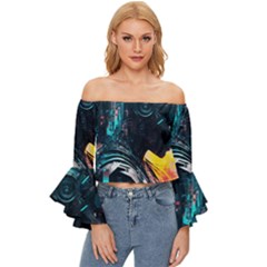 Who Sample Robot Prettyblood Off Shoulder Flutter Bell Sleeve Top by Ravend