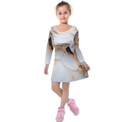 Marble Stone Abstract Gold White Kids  Long Sleeve Velvet Dress by Ravend