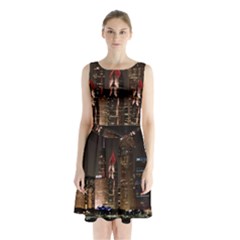 Chicago City Architecture Downtown Sleeveless Waist Tie Chiffon Dress by Ravend