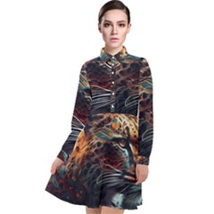 Leopard Feline Artwork Art Fantasy Long Sleeve Chiffon Shirt Dress by Ravend