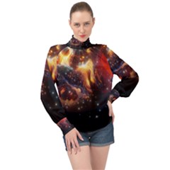 Nebula Galaxy Stars Astronomy High Neck Long Sleeve Chiffon Top by Uceng