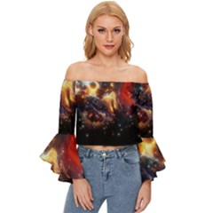 Nebula Galaxy Stars Astronomy Off Shoulder Flutter Bell Sleeve Top by Uceng