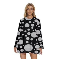 Black Circle Pattern Round Neck Long Sleeve Bohemian Style Chiffon Mini Dress by artworkshop