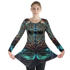 Brain Mind Technology Circuit Board Layout Patterns Long Sleeve Tunic  by Uceng