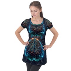 Brain Mind Technology Circuit Board Layout Patterns Puff Sleeve Tunic Top by Uceng