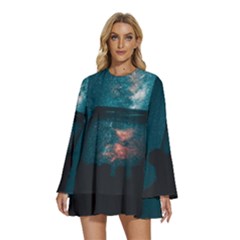 Swimming  Round Neck Long Sleeve Bohemian Style Chiffon Mini Dress by artworkshop