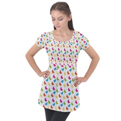 Butterfly Pattern Design Wallpaper Background Puff Sleeve Tunic Top by Ravend